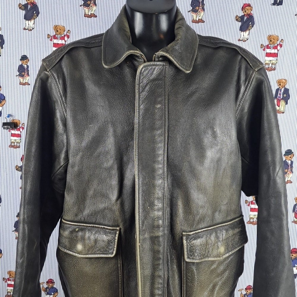 Vintage L.L.Bean flap pocket full zip distressed XL brown leather lined jacket